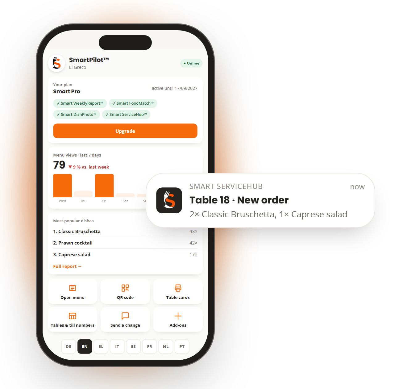 The “SmartPilot™” app on a phone, with a push notification about a new order