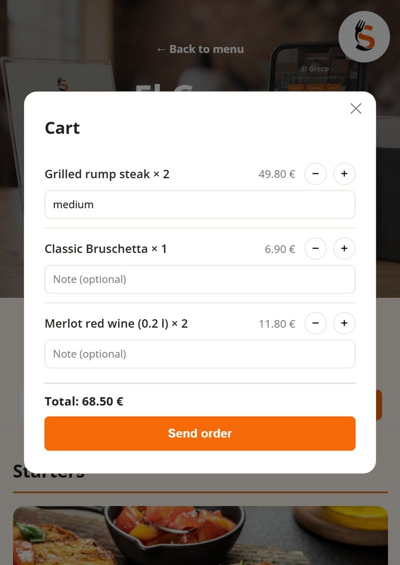 Cart on the phone: 2 grilled rump steaks (medium), 1 bruschetta, 2 Merlot, total €68.50