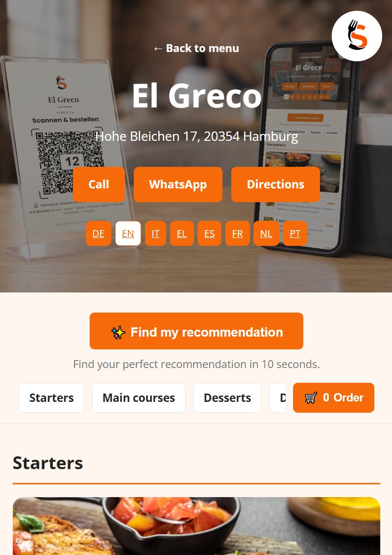 The El Greco demo menu on a phone, with language buttons and the order button