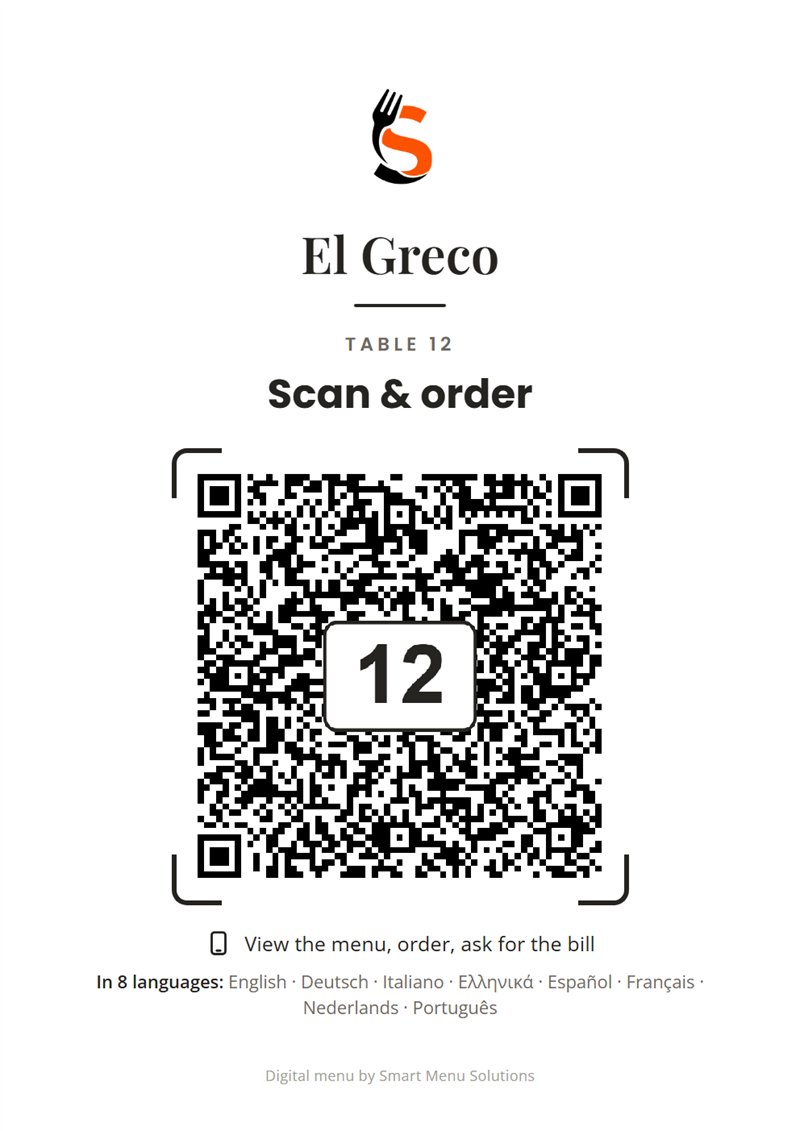 Printed table card “Table 12 – Scan & order” with its QR code