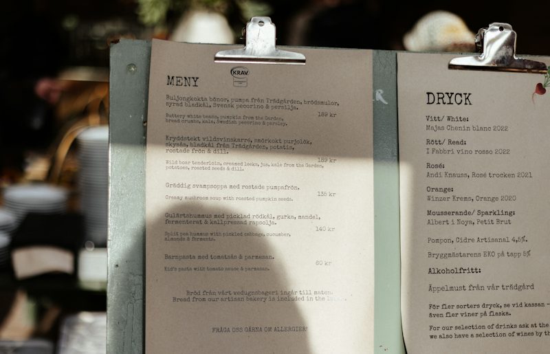 Printed paper menu on a restaurant table